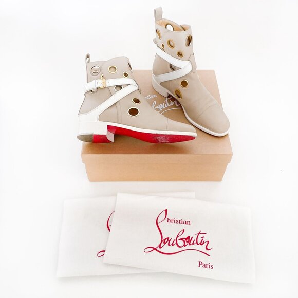 Christian Louboutin Scubabootie Boot EU 37 US 7 Beige Tan Grommet Flat Bootie - Picture 1 of 14